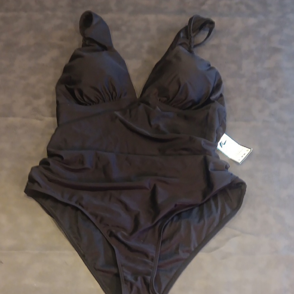 NWT. Ruched Black One-Piece Swimsuit With Criss-cross Adjustable Straps